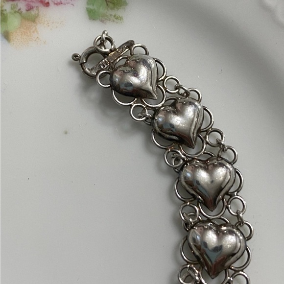 Vtg Sterling Puffy Heart Double Link Bracelet 7.5” - Picture 7 of 8